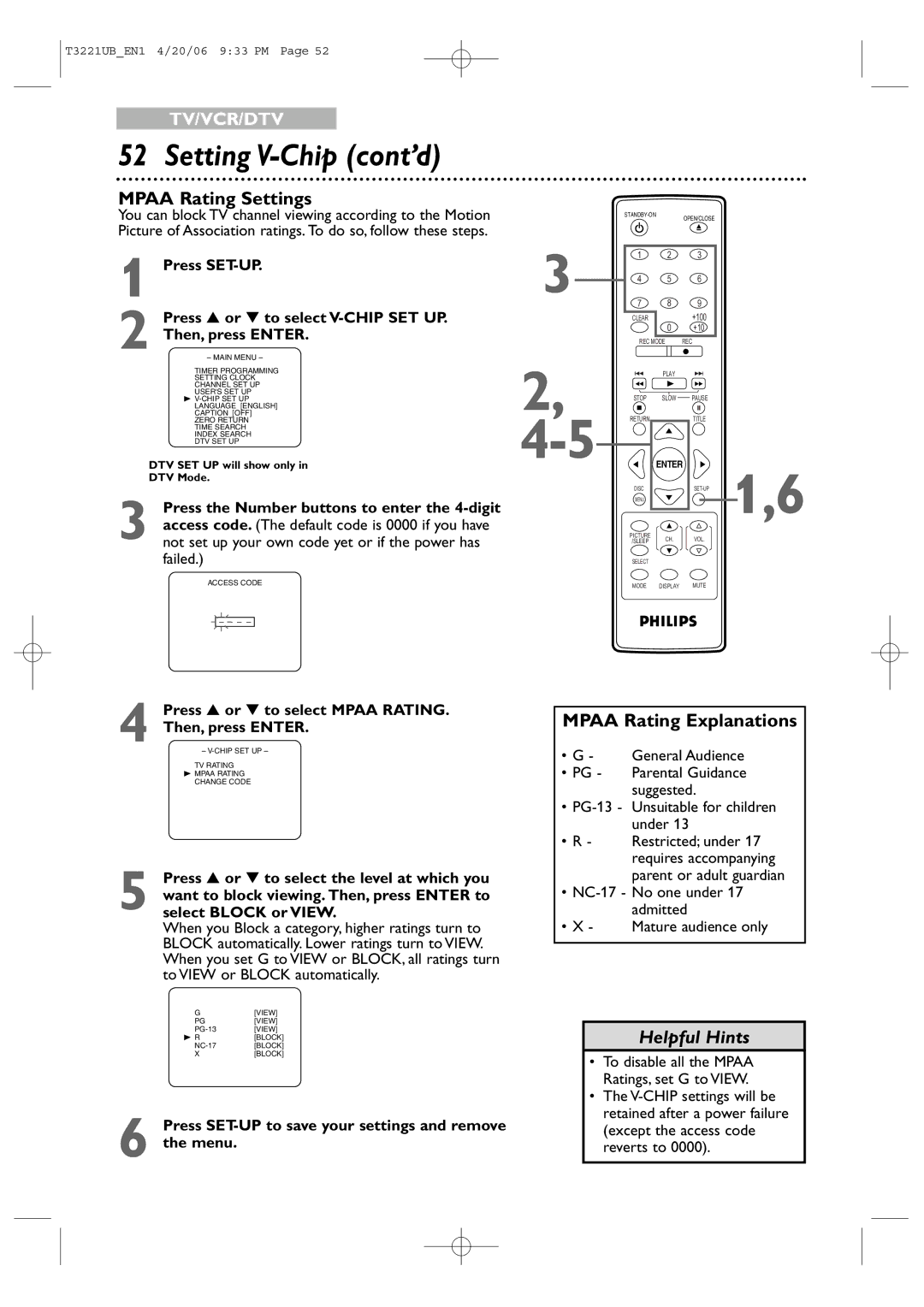 Philips 27PC4326 Mpaa Rating Settings, Mpaa Rating Explanations, Press or to select Mpaa Rating Then, press Enter 