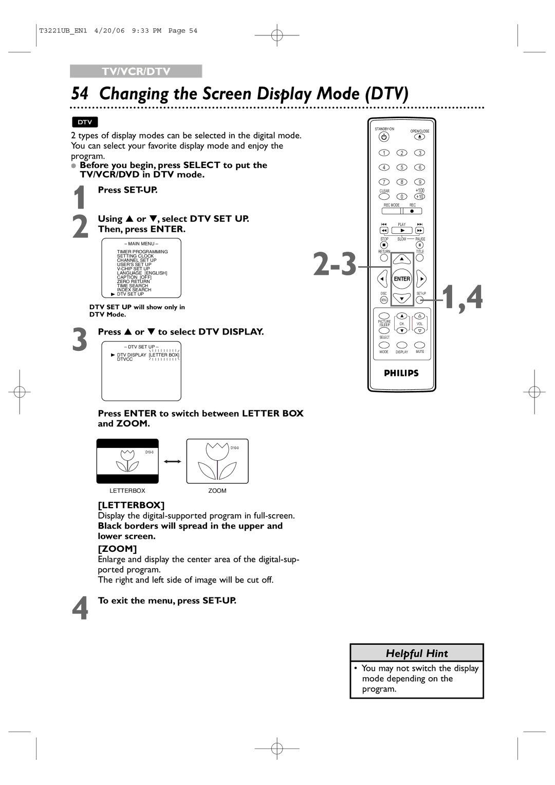 Philips 27PC4326 Changing the Screen Display Mode DTV, Press SET-UP Using or , select DTV SET UP Then, press Enter 