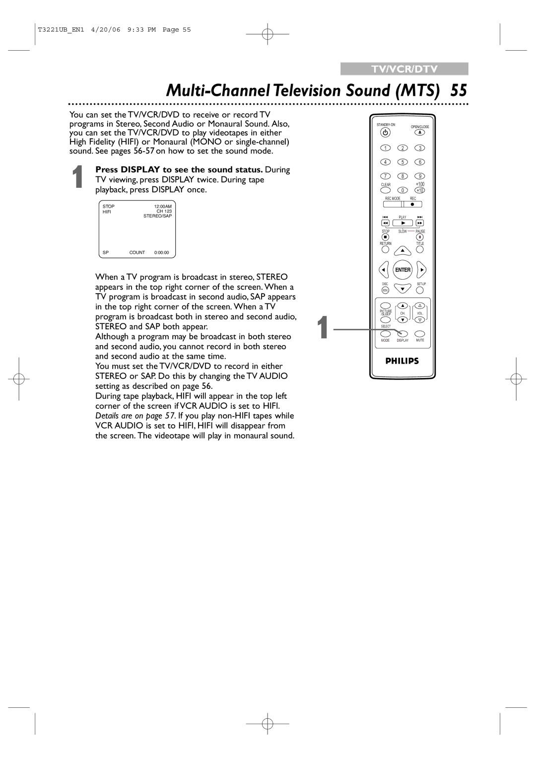 Philips 27PC4326 user manual Multi-Channel Television Sound MTS, Press Display to see the sound status. During 