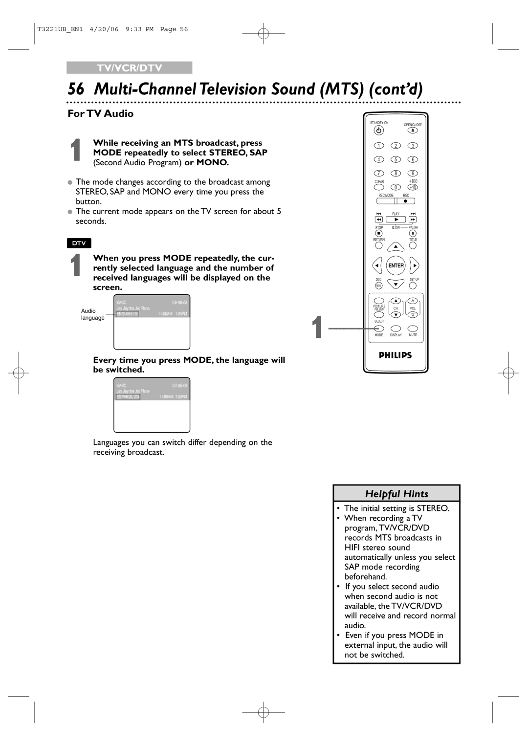 Philips 27PC4326 user manual Multi-Channel Television Sound MTS cont’d, For TV Audio 