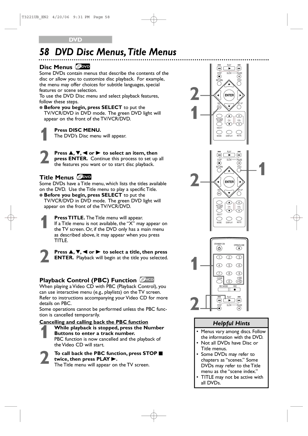 Philips 27PC4326 user manual DVD Disc Menus,Title Menus, Playback Control PBC Function 