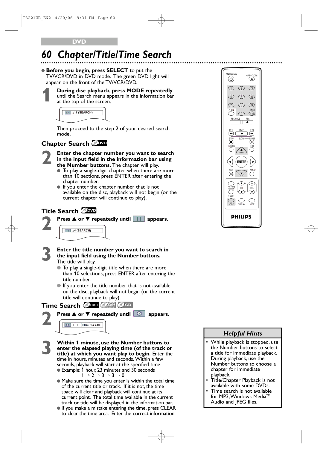 Philips 27PC4326 user manual Chapter/Title/Time Search, Chapter Search, Title Search 