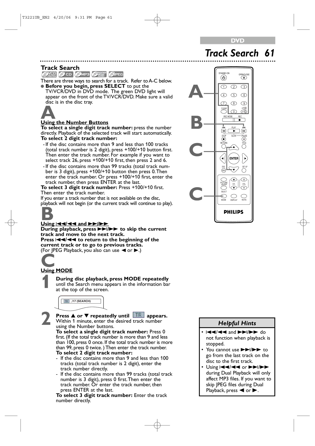 Philips 27PC4326 user manual Track Search 