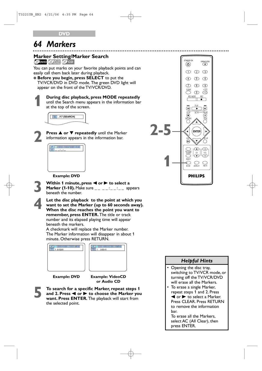 Philips 27PC4326 user manual Markers, Marker Setting/Marker Search 