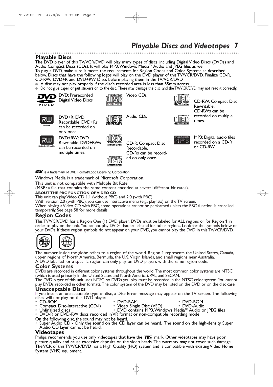 Philips 27PC4326 user manual Playable Discs, Region Codes, Color Systems, Unacceptable Discs, Videotapes 