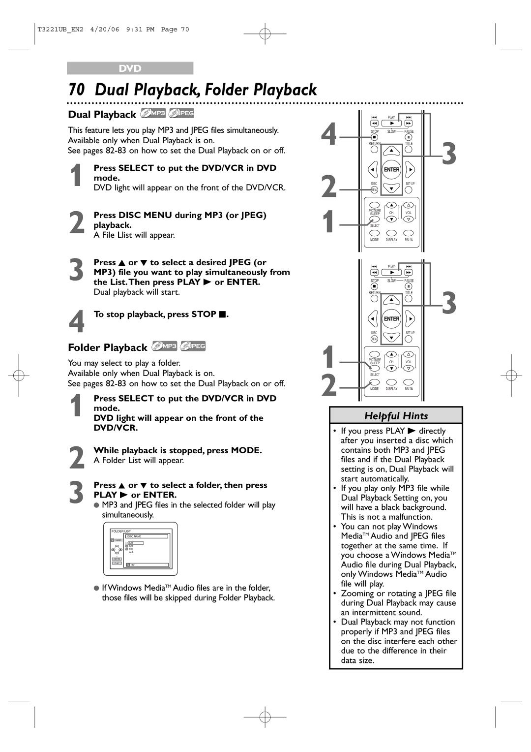 Philips 27PC4326 user manual Dual Playback, Folder Playback, Press Select to put the DVD/VCR in DVD mode 