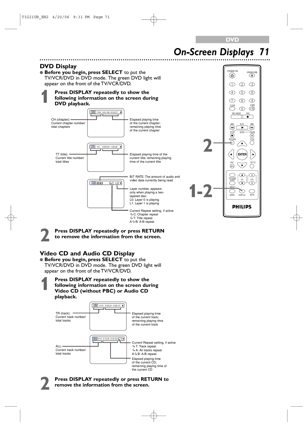 Philips 27PC4326 user manual On-Screen Displays, DVD Display, Video CD and Audio CD Display 