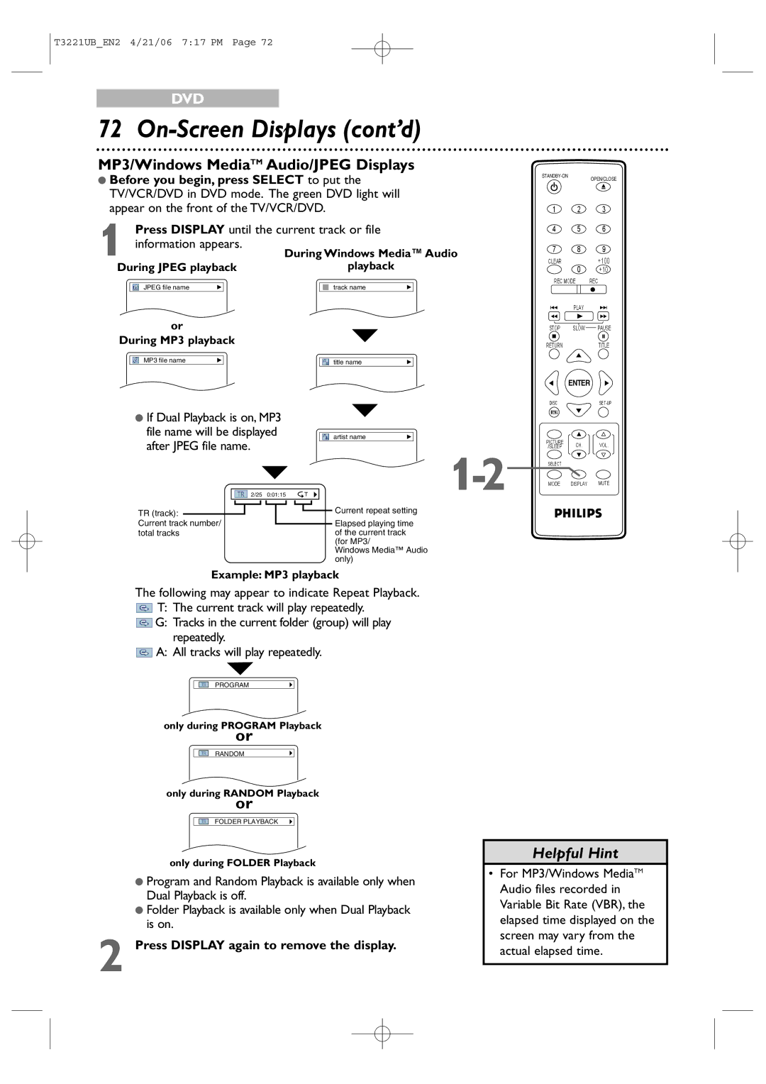 Philips 27PC4326 user manual On-Screen Displays cont’d, MP3/Windows MediaTM Audio/JPEG Displays 