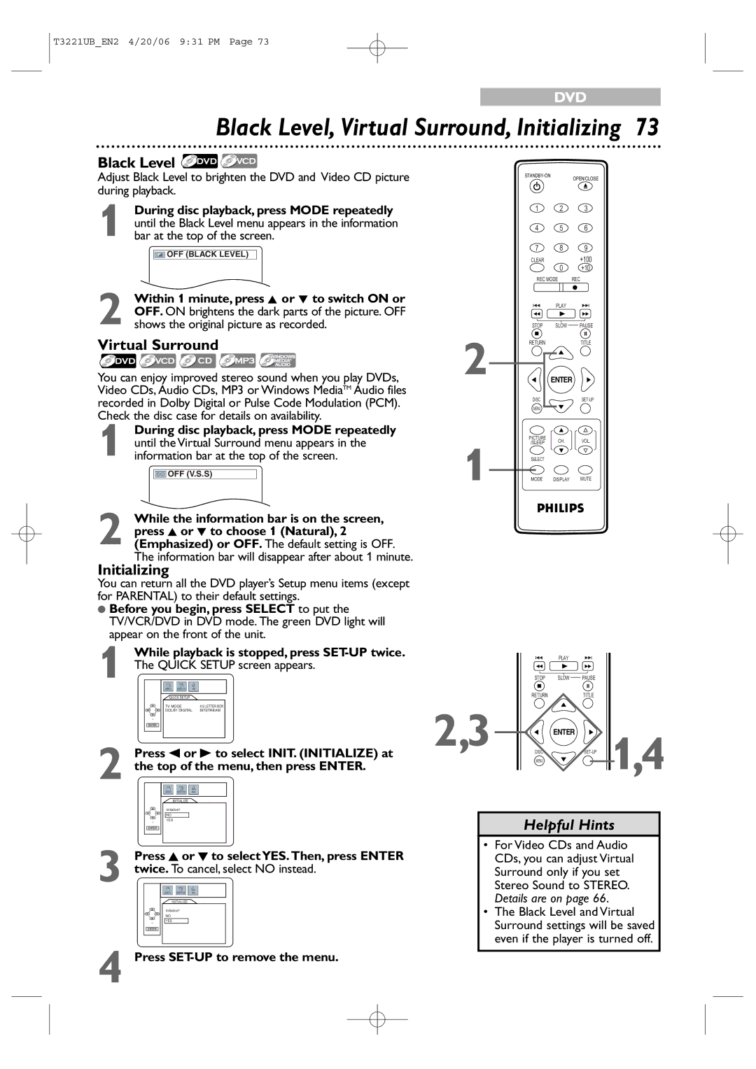 Philips 27PC4326 user manual Black Level, Virtual Surround, Initializing 