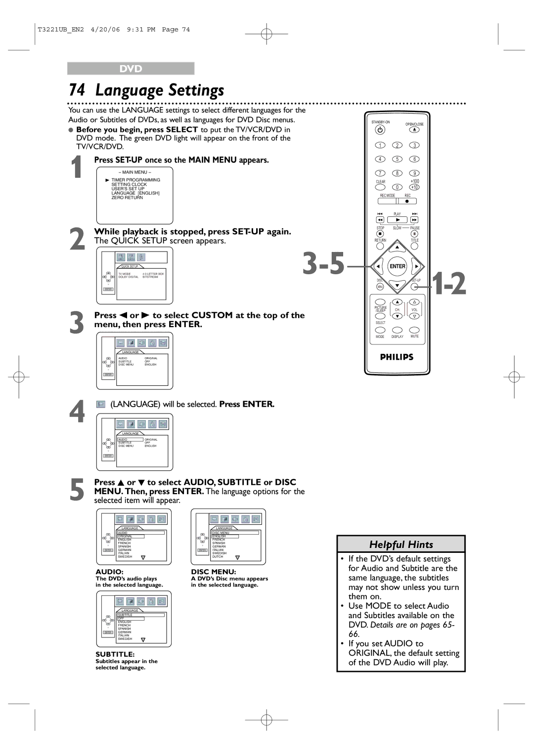 Philips 27PC4326 user manual Language Settings, Press s or B to select Custom at the top, Menu, then press Enter 