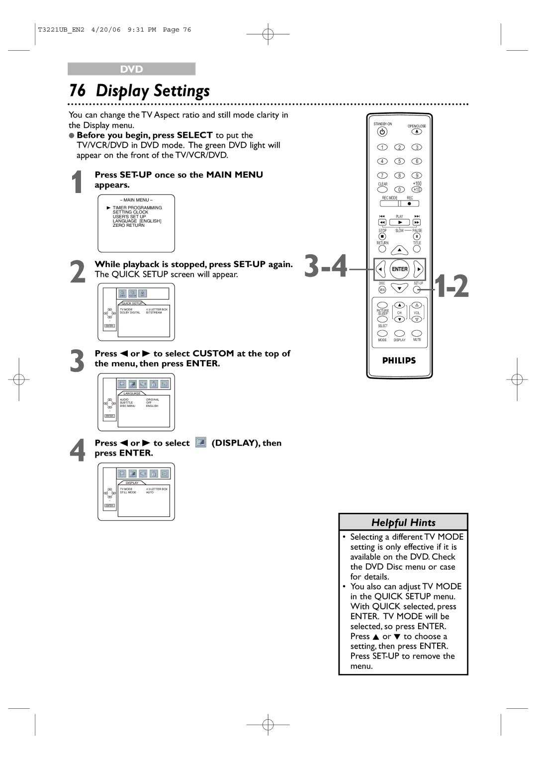 Philips 27PC4326 user manual Display Settings, Quick Setup screen will appear, Press s or B to select, DISPLAY, then 