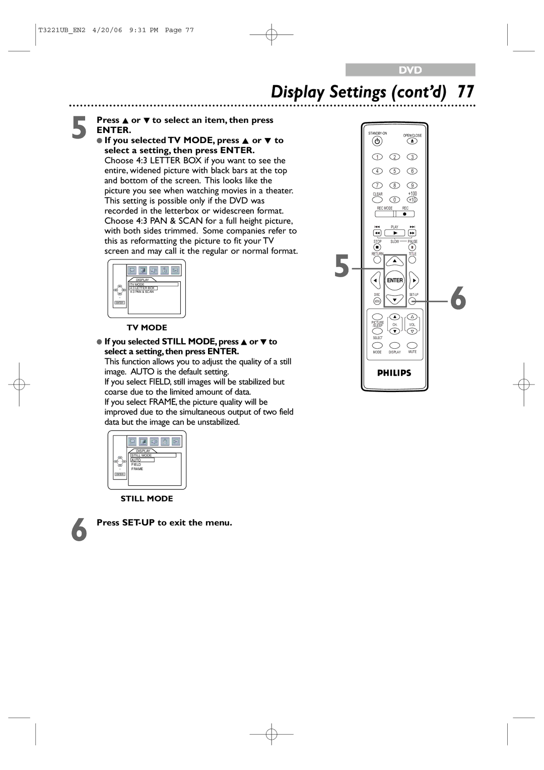 Philips 27PC4326 Display Settings cont’d, Press K or L to select an item, then press, Select a setting, then press Enter 