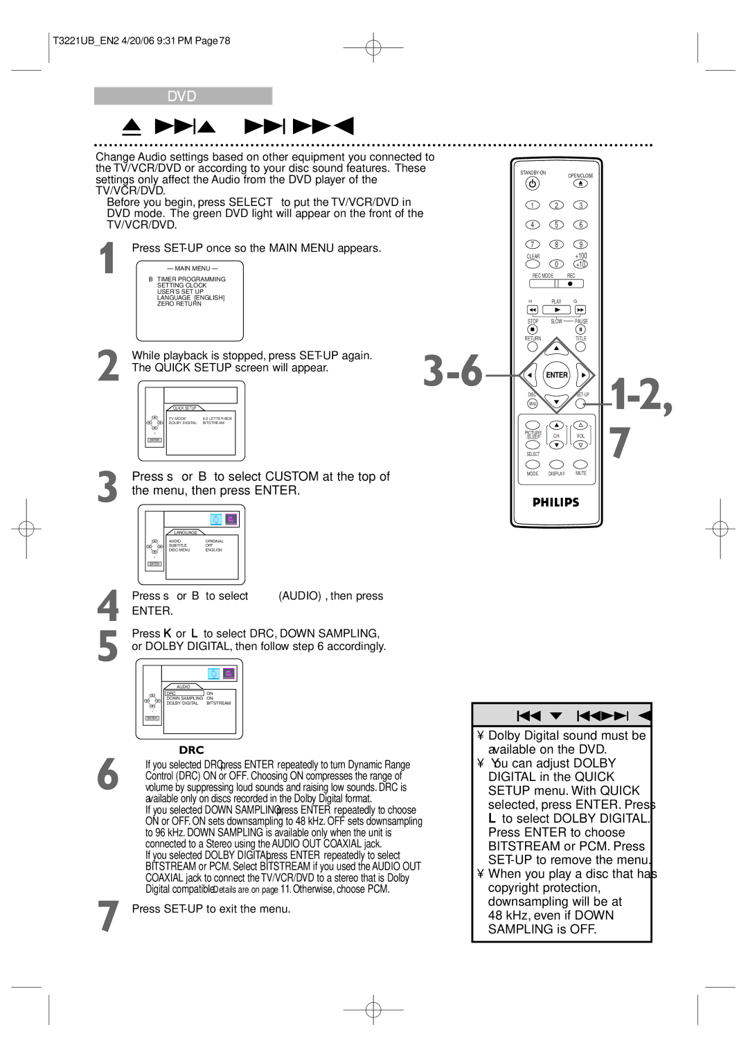 Philips 27PC4326 Audio Settings, Press s or To select Custom at the top, Dolby Digital sound must be available on the DVD 