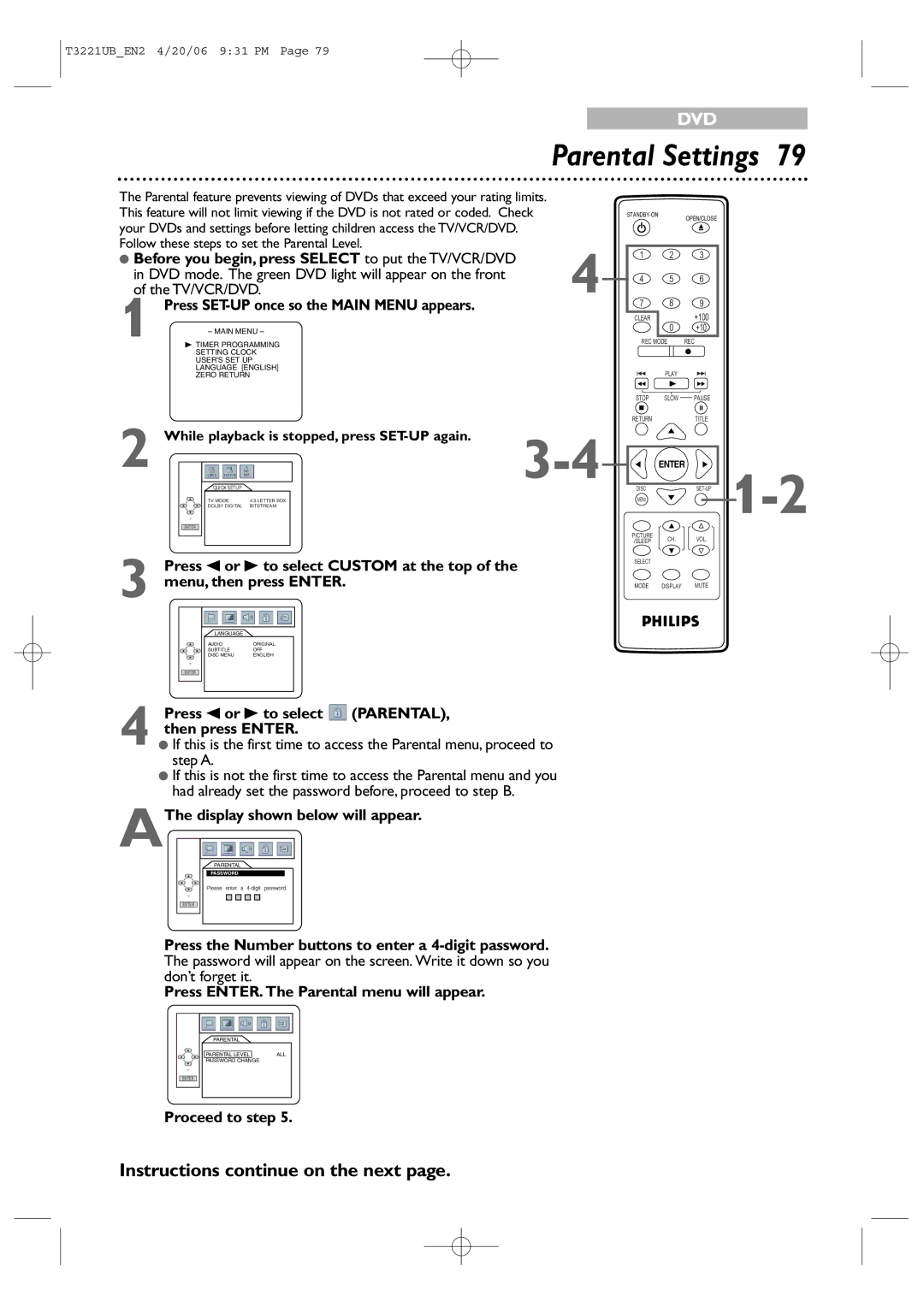 Philips 27PC4326 Before you begin, press Select to put the TV/VCR/DVD, Press s or B to select Parental, Proceed to step 