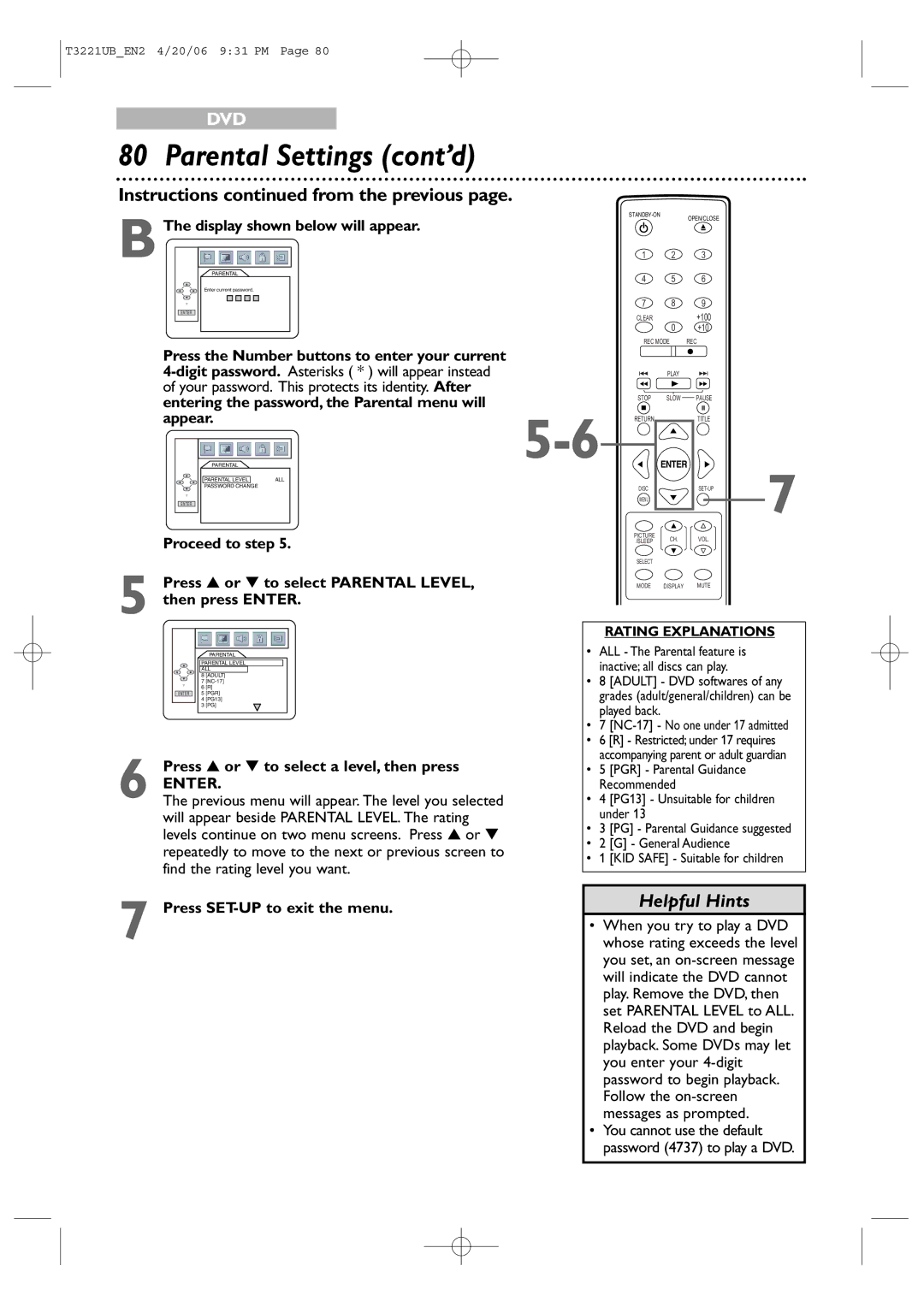 Philips 27PC4326 Parental Settings cont’d, Display shown below will appear, Appear, Press or to select a level, then press 