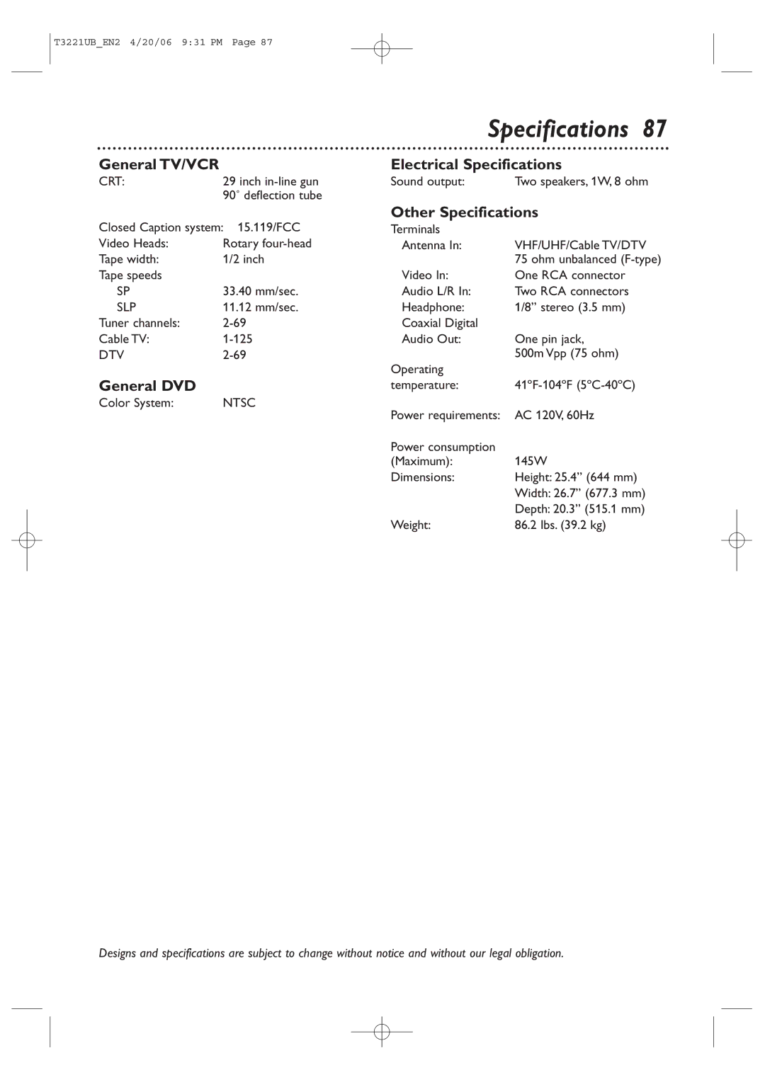 Philips 27PC4326 General TV/VCR Electrical Specifications, Other Specifications, General DVD, Operating 500m Vpp 75 ohm 