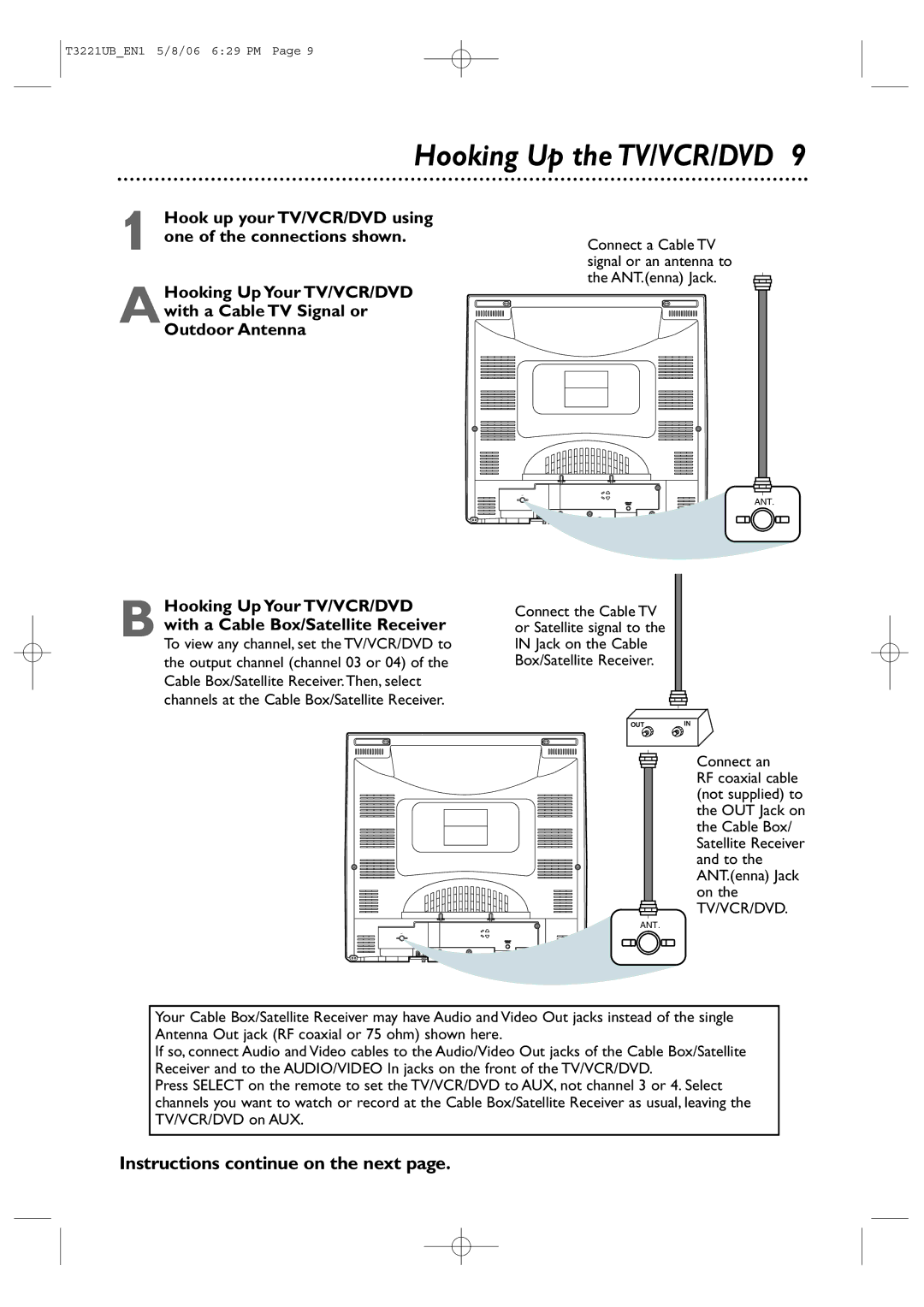 Philips 27PC4326 user manual Hooking Up the TV/VCR/DVD, Instructions continue on the next 