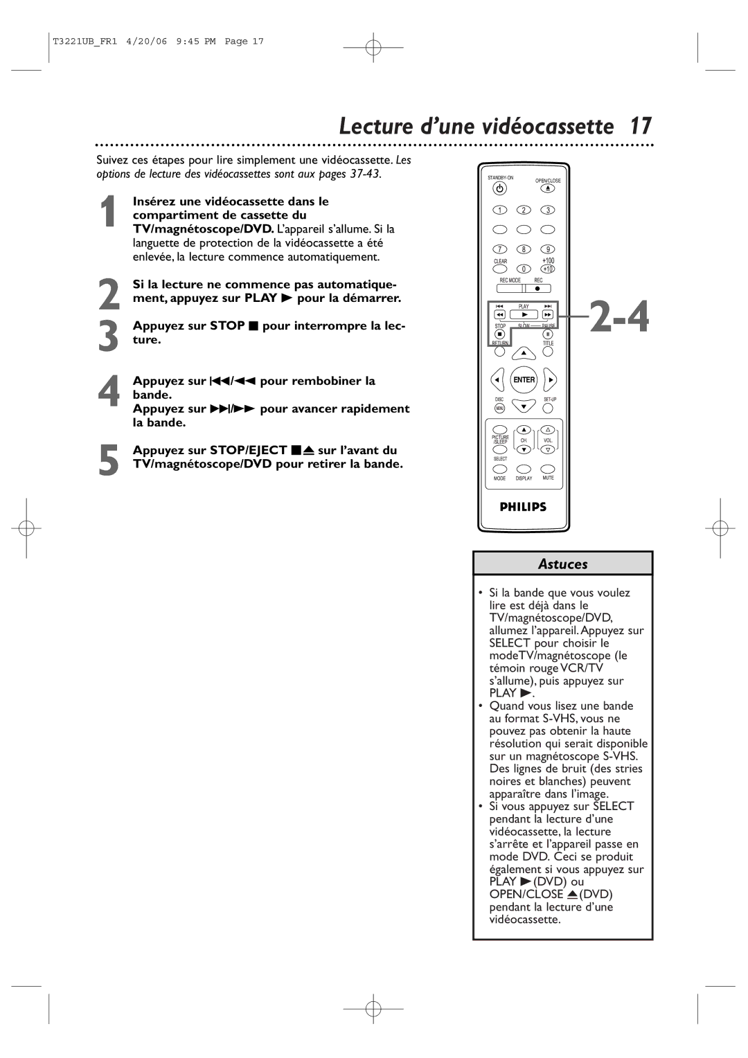 Philips 27PC4326/37 quick start Lecture d’une vidéocassette, OPEN/CLOSE Advd pendant la lecture d’une vidéocassette 