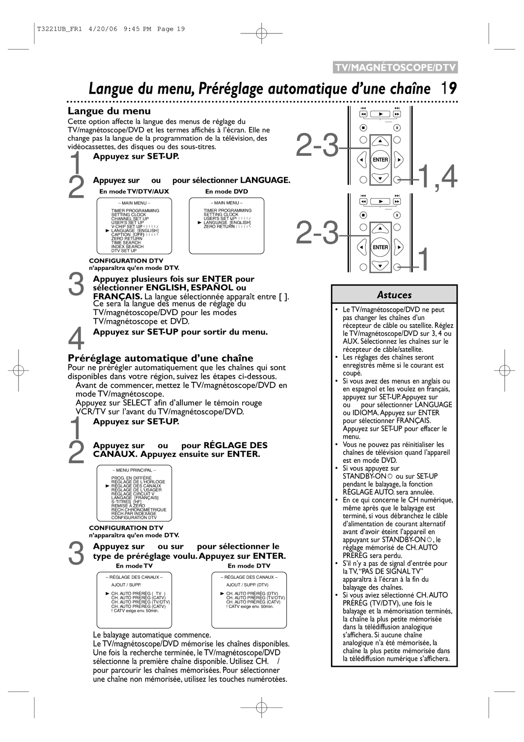 Philips 27PC4326/37 quick start Langue du menu, Préréglage automatique d’une chaîne 