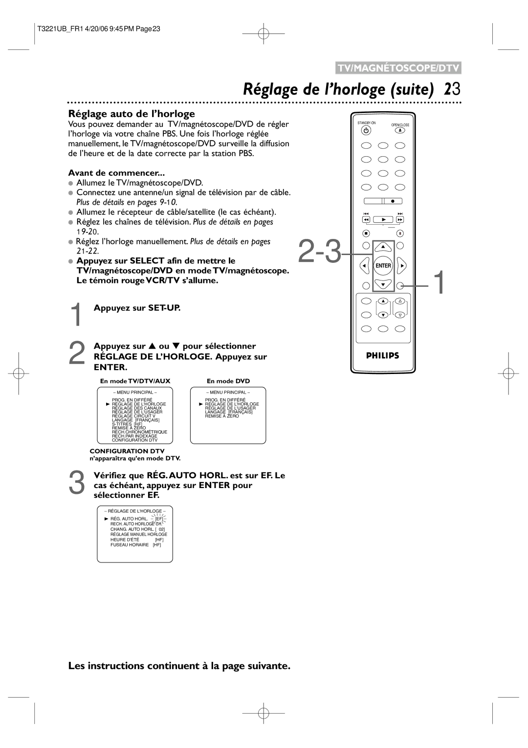 Philips 27PC4326/37 quick start Réglage auto de l’horloge, Avant de commencer, Appuyez sur Select afin de mettre le, Enter 