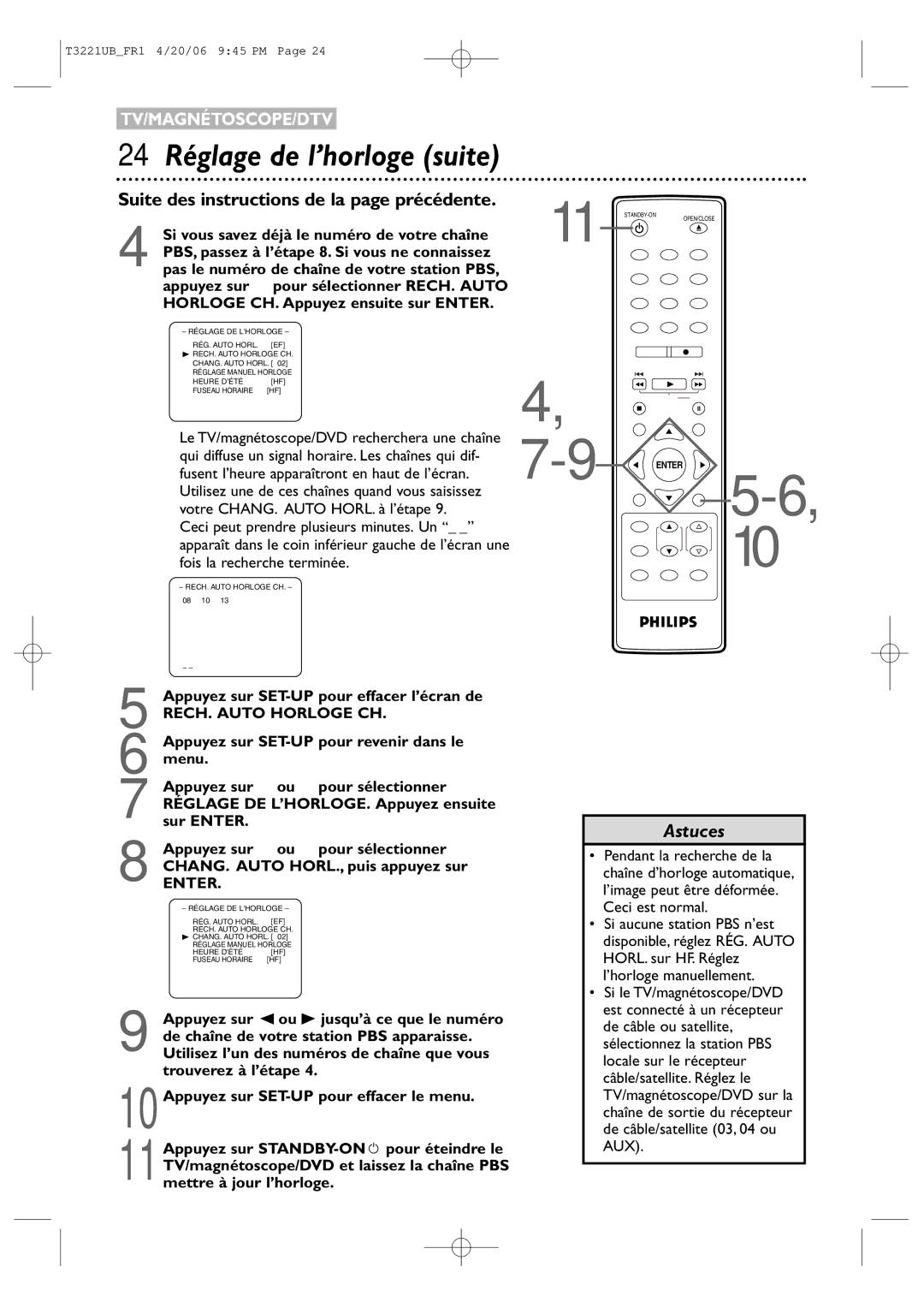 Philips 27PC4326/37 24 Réglage de l’horloge suite, Appuyez sur SET-UP pour effacer l’écran de, RECH. Auto Horloge CH 