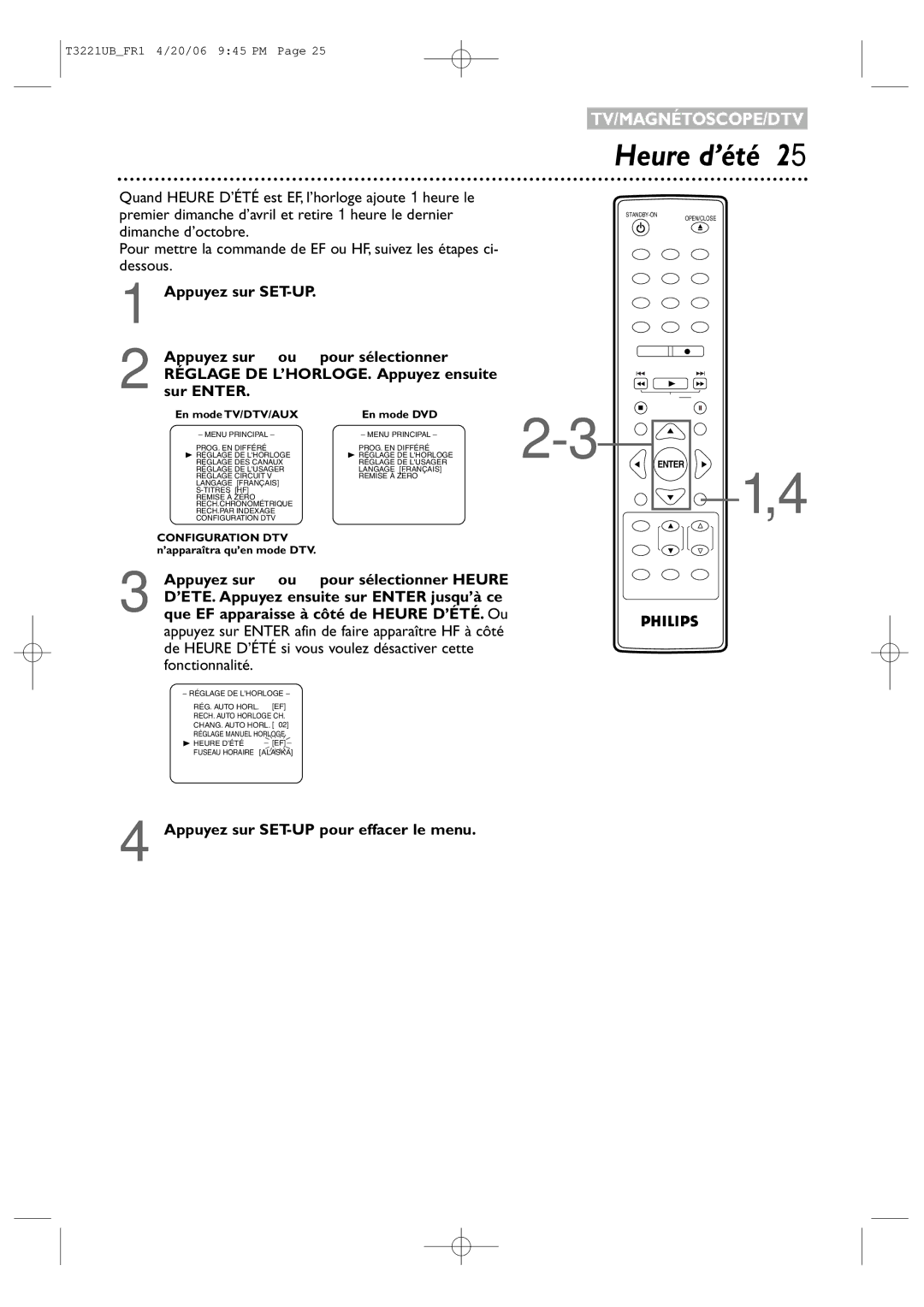 Philips 27PC4326/37 quick start Heure d’été, Appuyez sur SET-UP pour effacer le menu 