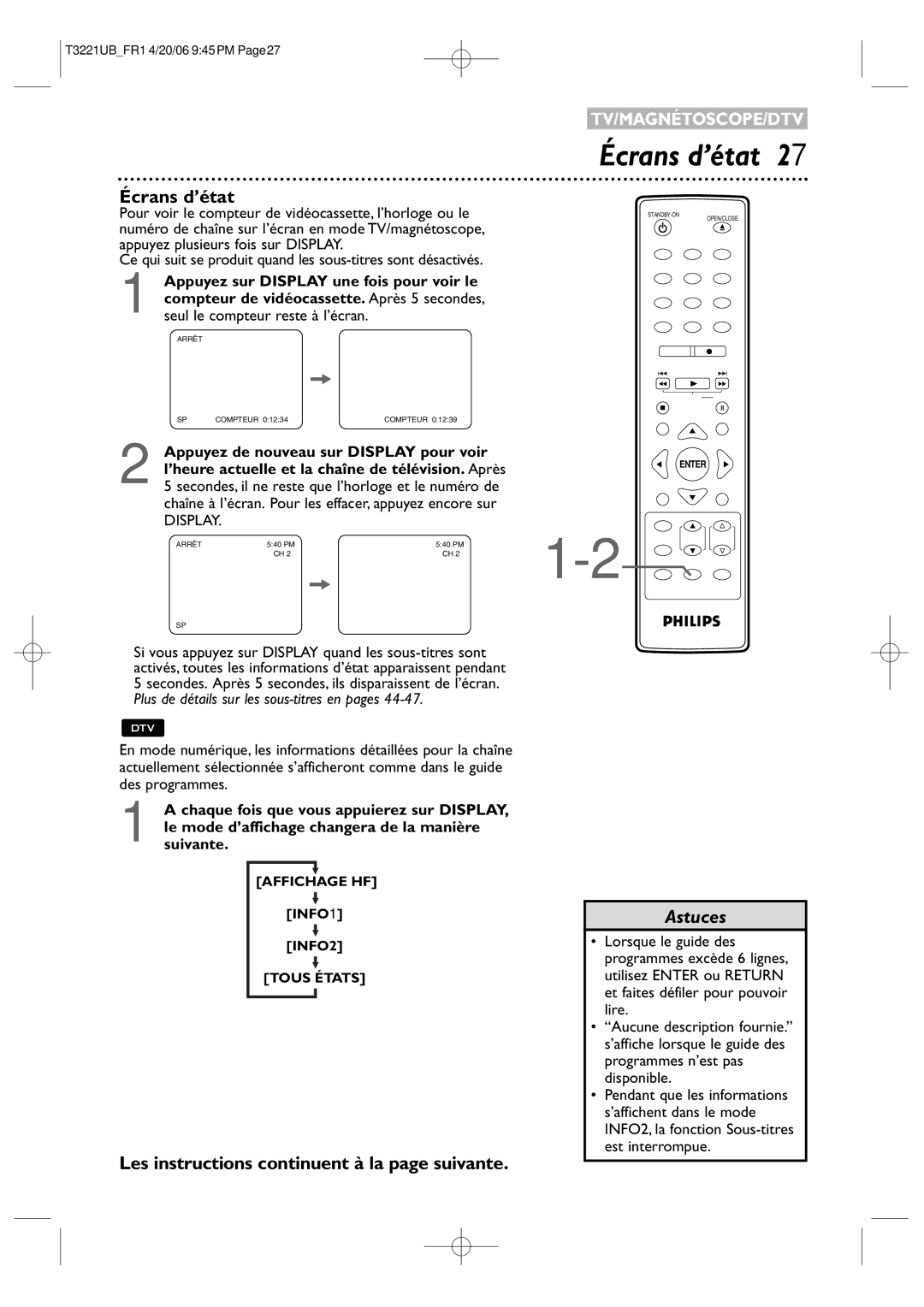 Philips 27PC4326/37 quick start Écrans d’état, Chaîne à l’écran. Pour les effacer, appuyez encore sur 