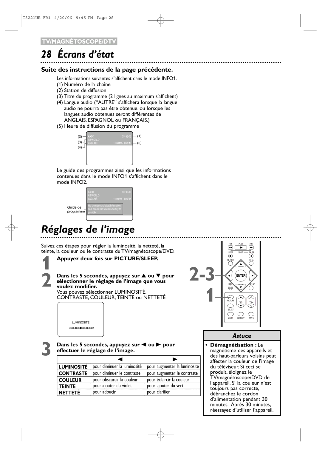 Philips 27PC4326/37 quick start 28 Écrans d’état, Réglages de l’image, Couleur, Teinte, Netteté 