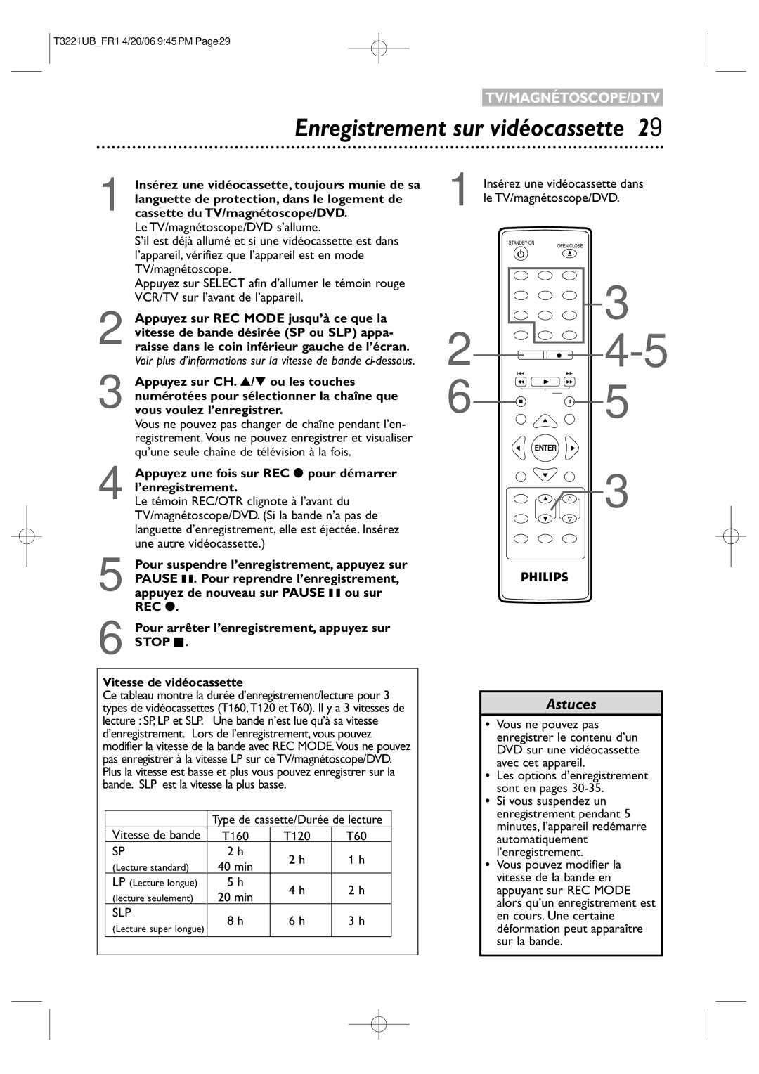 Philips 27PC4326/37 quick start Enregistrement sur vidéocassette, Appuyez une fois sur REC I pour démarrer l’enregistrement 