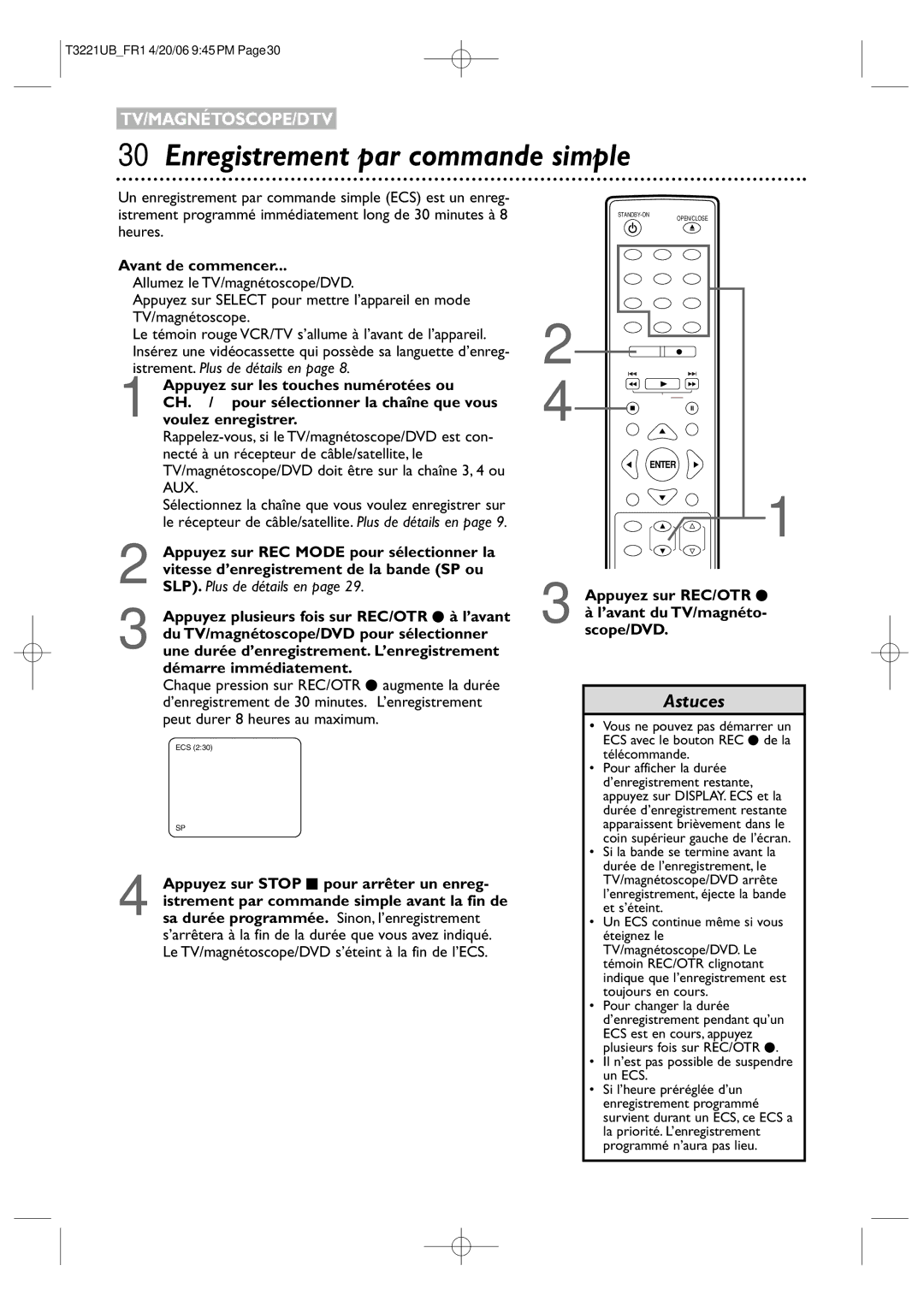 Philips 27PC4326/37 quick start Enregistrement par commande simple, Appuyez sur REC/OTR ’avant du TV/magnéto- scope/DVD 