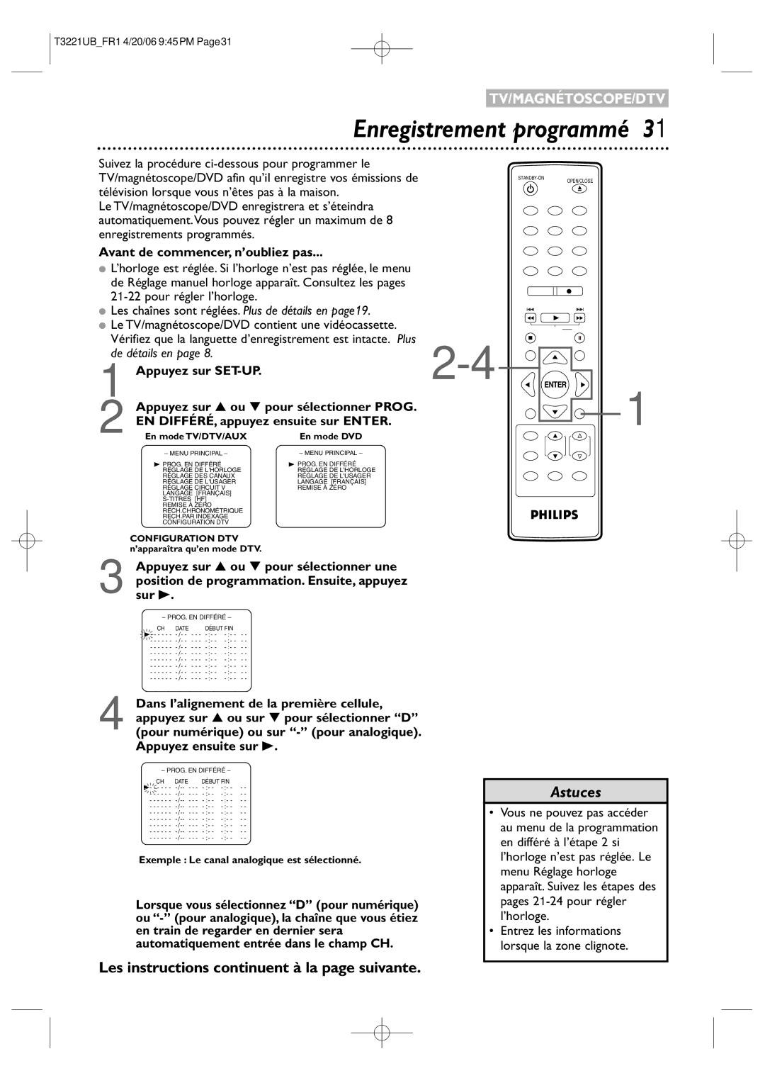 Philips 27PC4326/37 Enregistrement programmé, Avant de commencer, n’oubliez pas, EN DIFFÉRÉ, appuyez ensuite sur Enter 