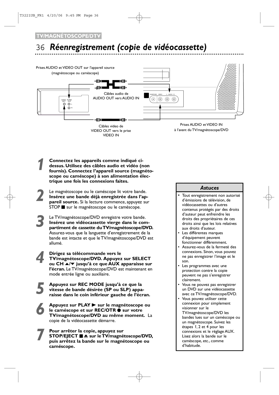 Philips 27PC4326/37 quick start 36 Réenregistrement copie de vidéocassette, Le magnétoscope ou le caméscope lit votre bande 