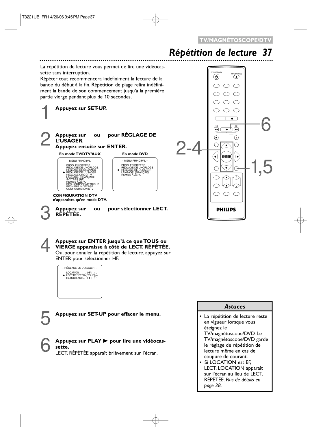 Philips 27PC4326/37 quick start ’Usager, Appuyez sur ou pour sélectionner Lect, Répétée 