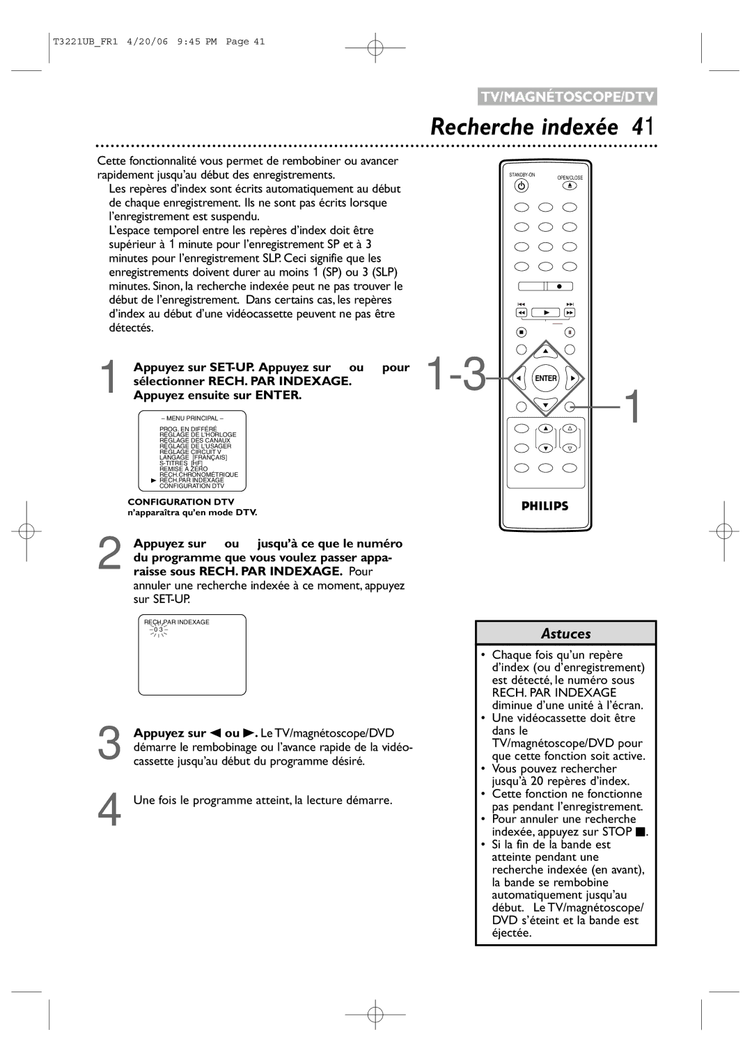 Philips 27PC4326/37 quick start Recherche indexée, Une fois le programme atteint, la lecture démarre 