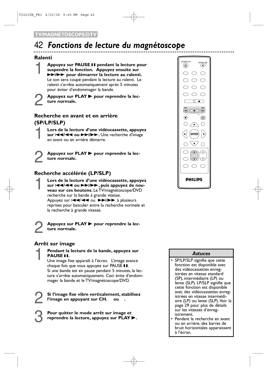 Philips 27PC4326/37 quick start Fonctions de lecture du magnétoscope, Ralenti, Recherche en avant et en arrière SP/LP/SLP 