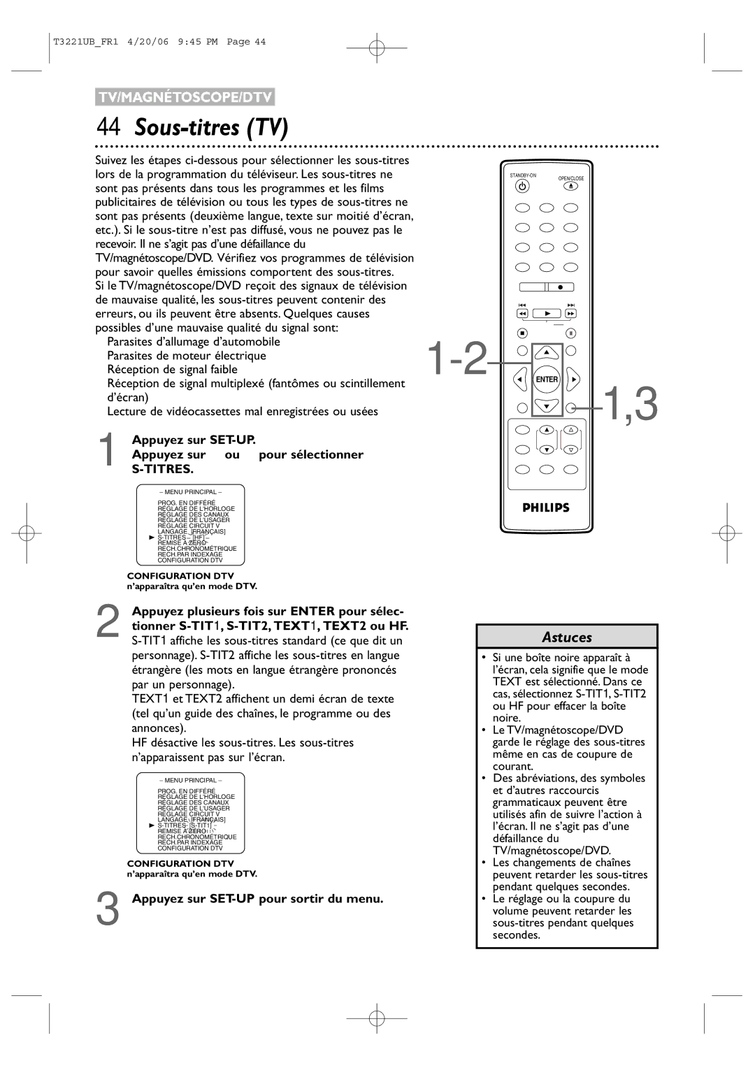 Philips 27PC4326/37 quick start Sous-titres TV, Titres, Appuyez sur SET-UP Appuyez sur ou pour sélectionner 