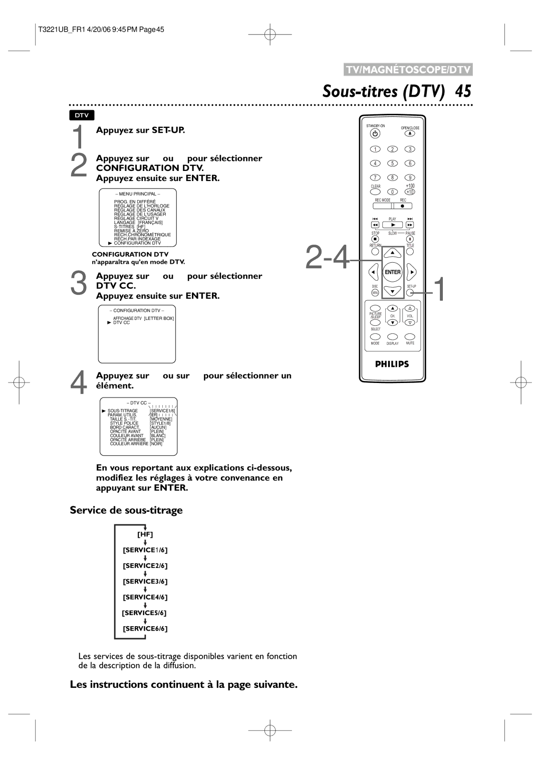 Philips 27PC4326/37 Sous-titres DTV, Service de sous-titrage, Dtv Cc, Appuyez sur ou sur pour sélectionner un élément 