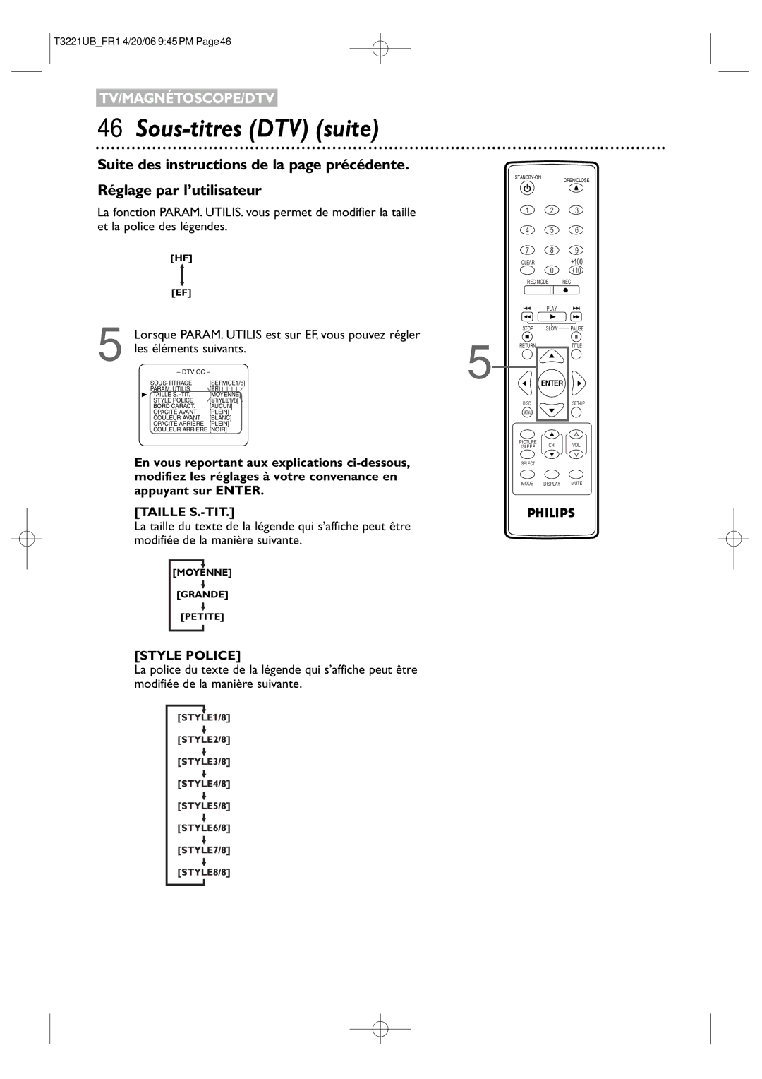 Philips 27PC4326/37 Sous-titres DTV suite, Réglage par l’utilisateur, Lorsque PARAM. Utilis est sur EF, vous pouvez régler 