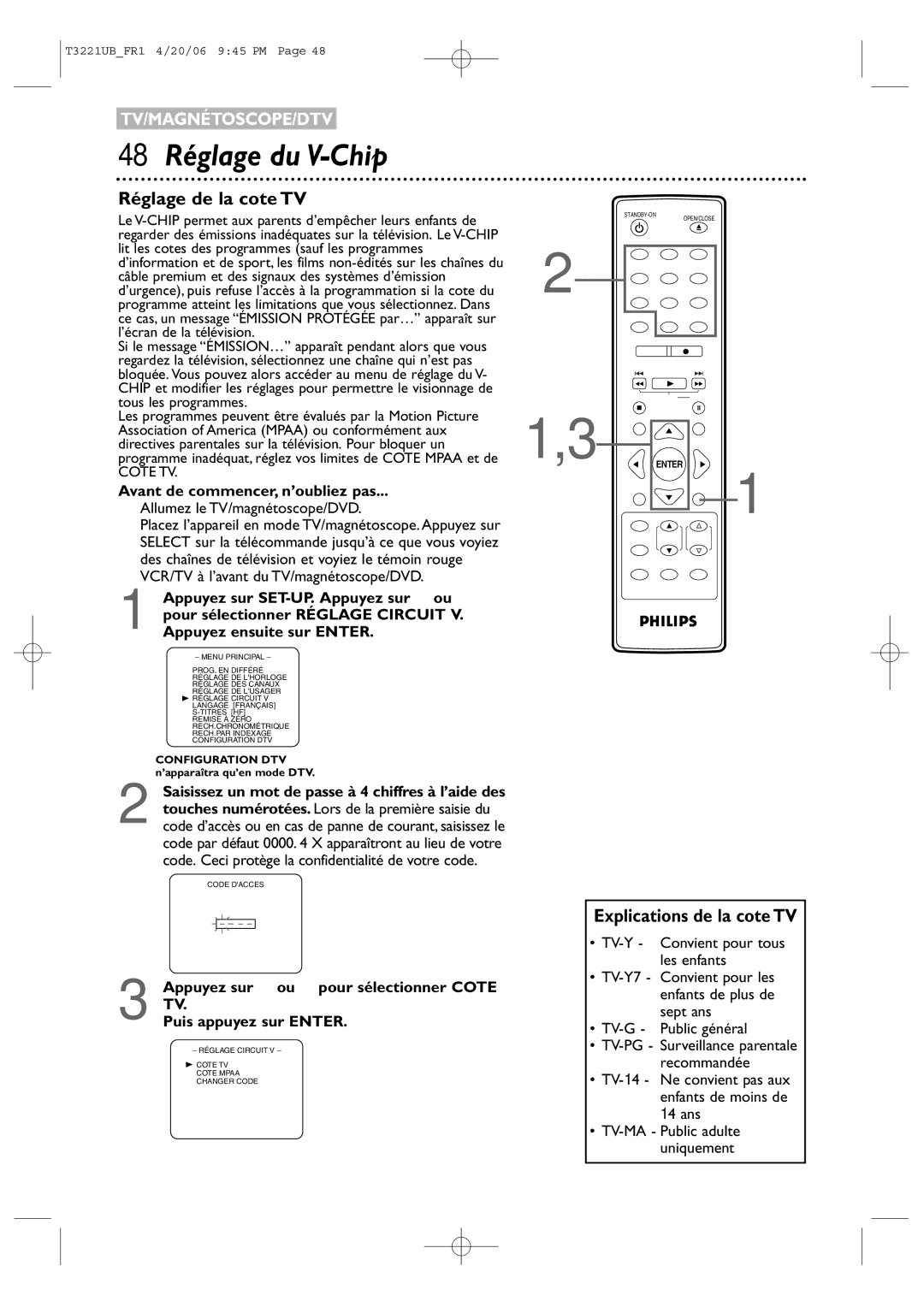 Philips 27PC4326/37 quick start 48 Réglage du V-Chip, Réglage de la cote TV, Explications de la cote TV 