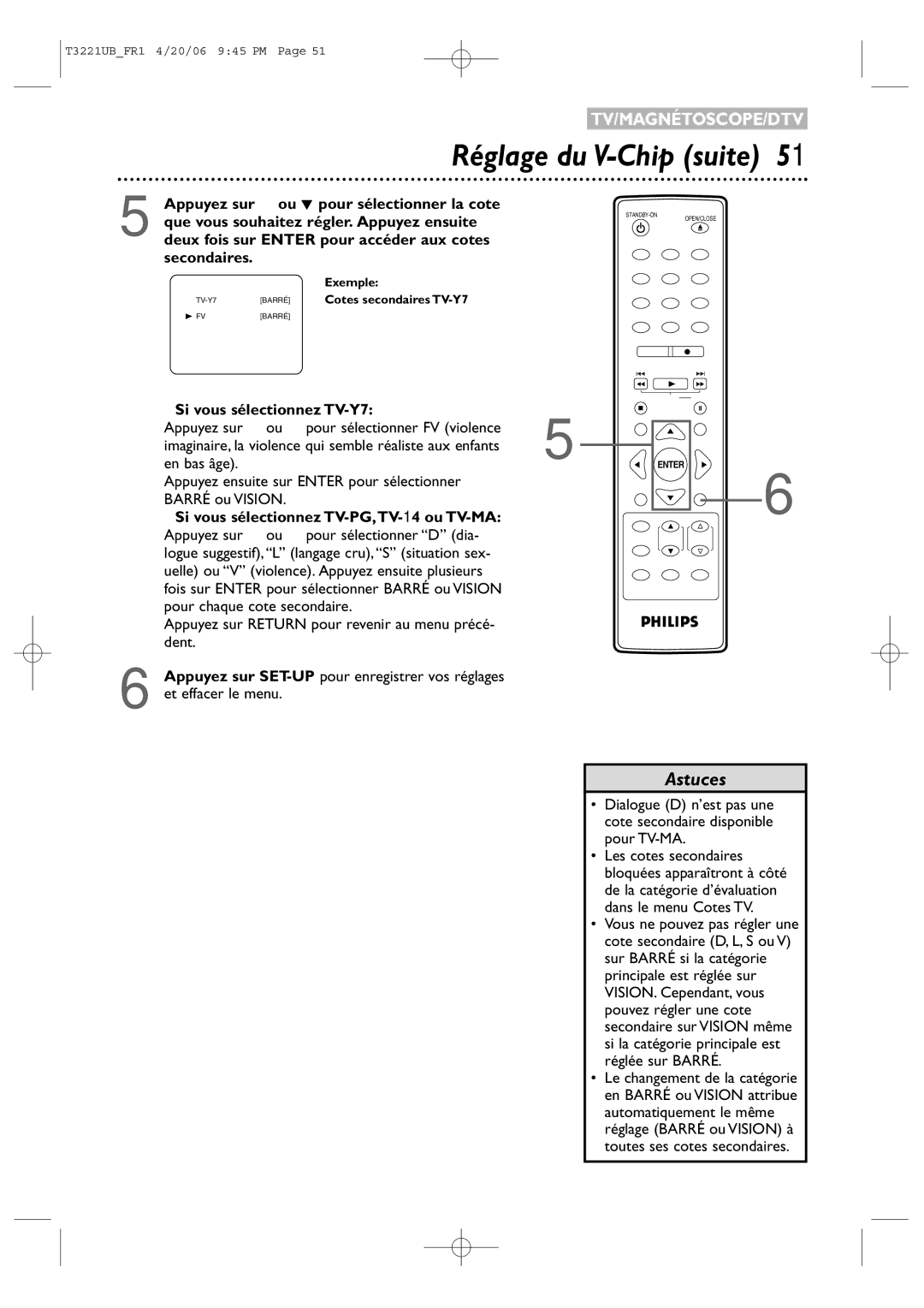 Philips 27PC4326/37 quick start Si vous sélectionnez TV-Y7, Appuyez sur ou pour sélectionner FV violence, En bas âge 