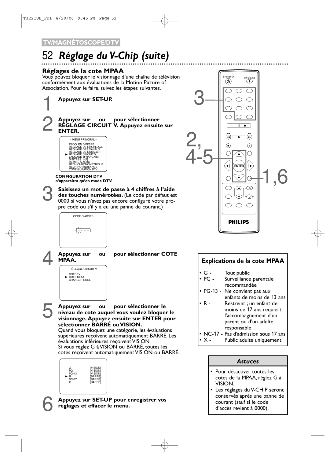 Philips 27PC4326/37 Réglages de la cote Mpaa, Explications de la cote Mpaa, Appuyez sur ou pour sélectionner Cote 