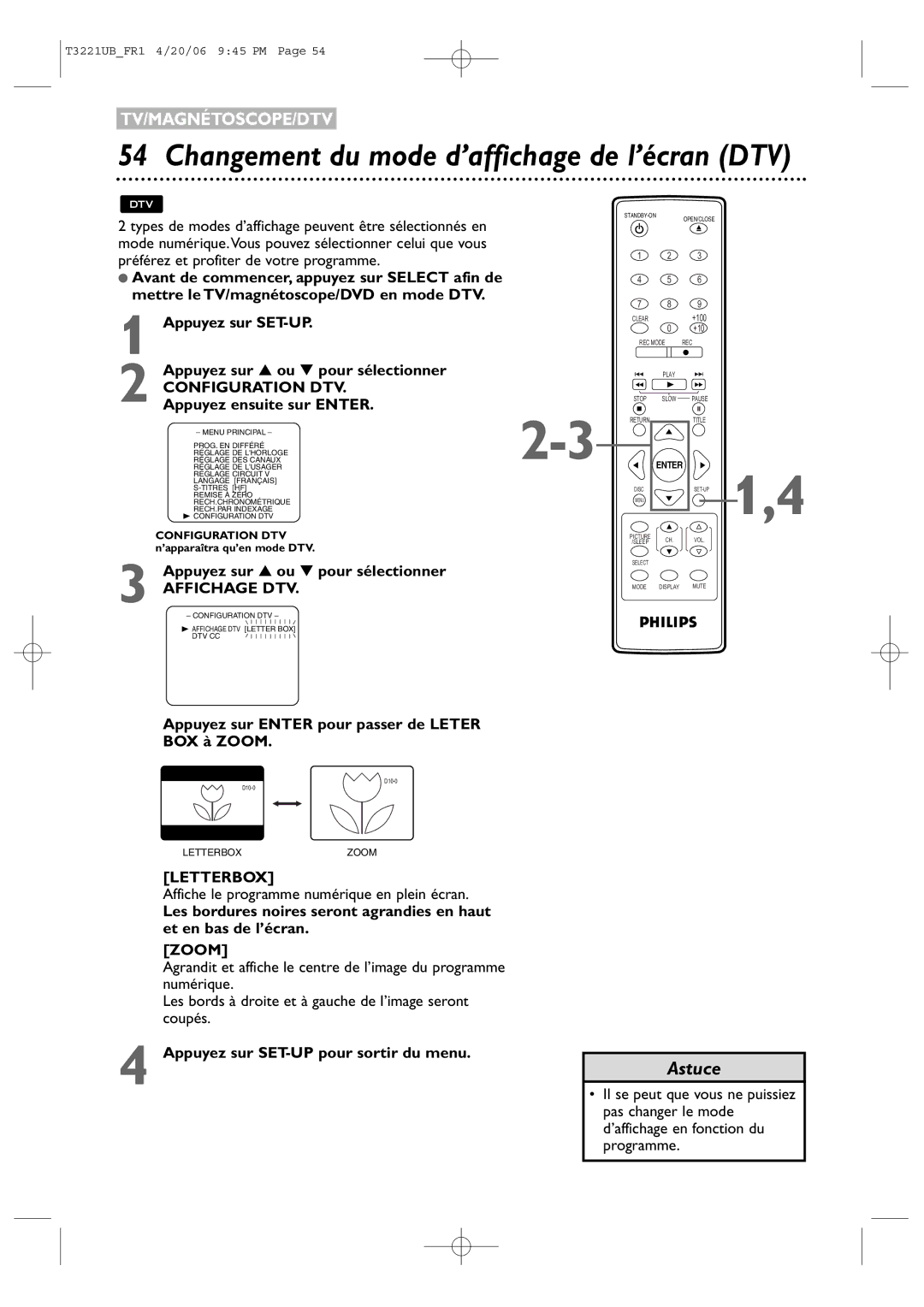 Philips 27PC4326/37 Changement du mode d’affichage de l’écran DTV, Configuration DTV, Affichage DTV, Letterbox, Zoom 