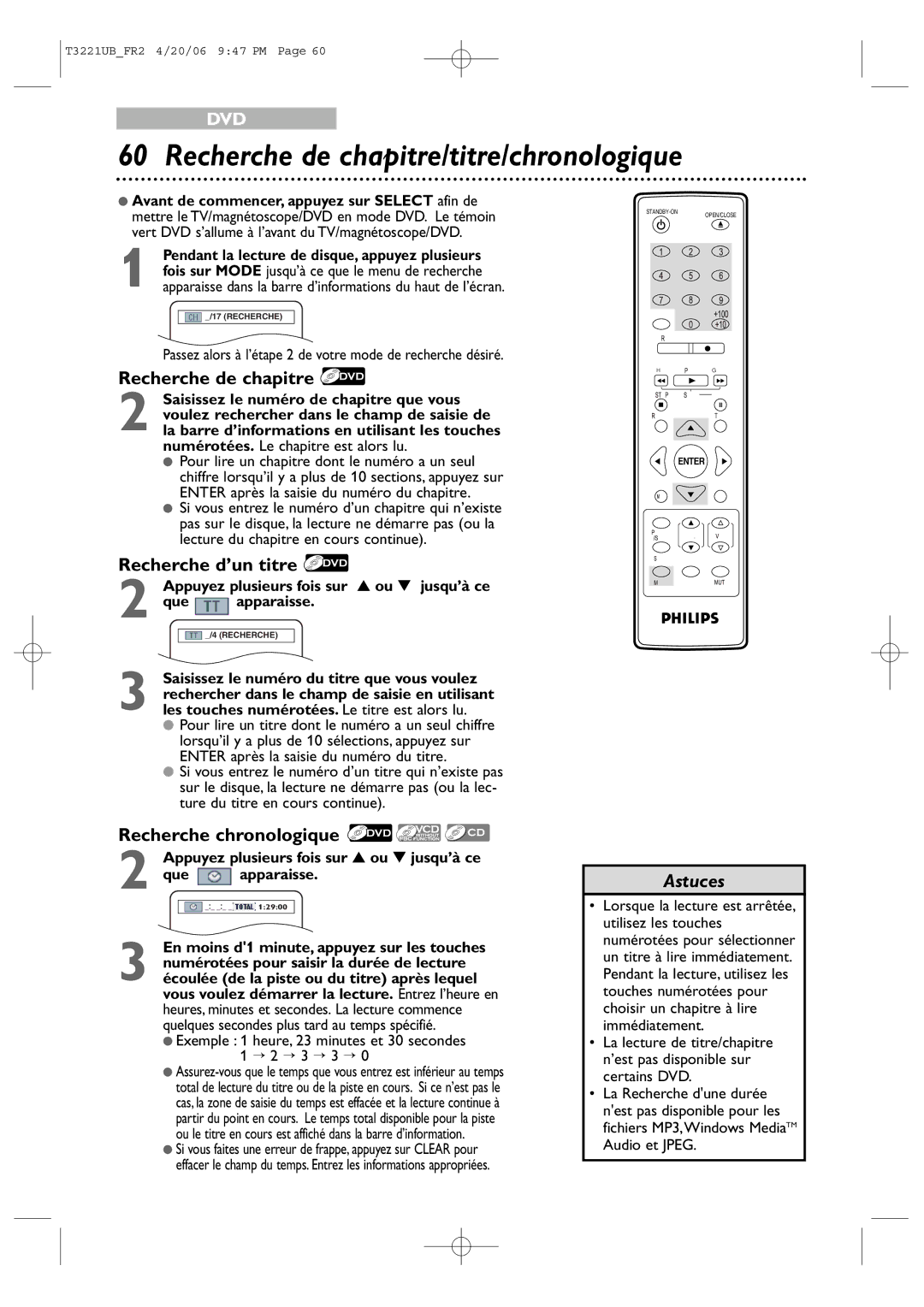 Philips 27PC4326/37 quick start Recherche de chapitre/titre/chronologique, Recherche d’un titre, Recherche chronologique 