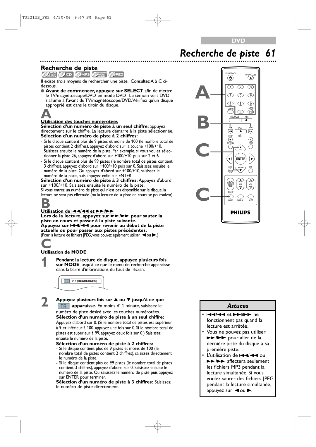 Philips 27PC4326/37 quick start Recherche de piste 