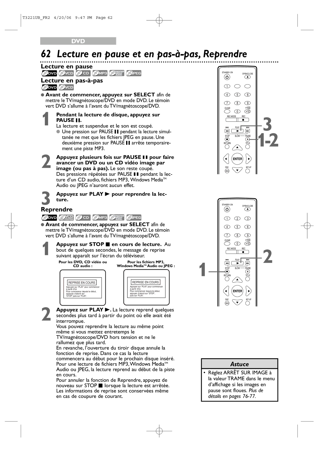 Philips 27PC4326/37 quick start Lecture en pause et en pas-à-pas, Reprendre, Lecture en pause Lecture en pas-à-pas, Pause F 