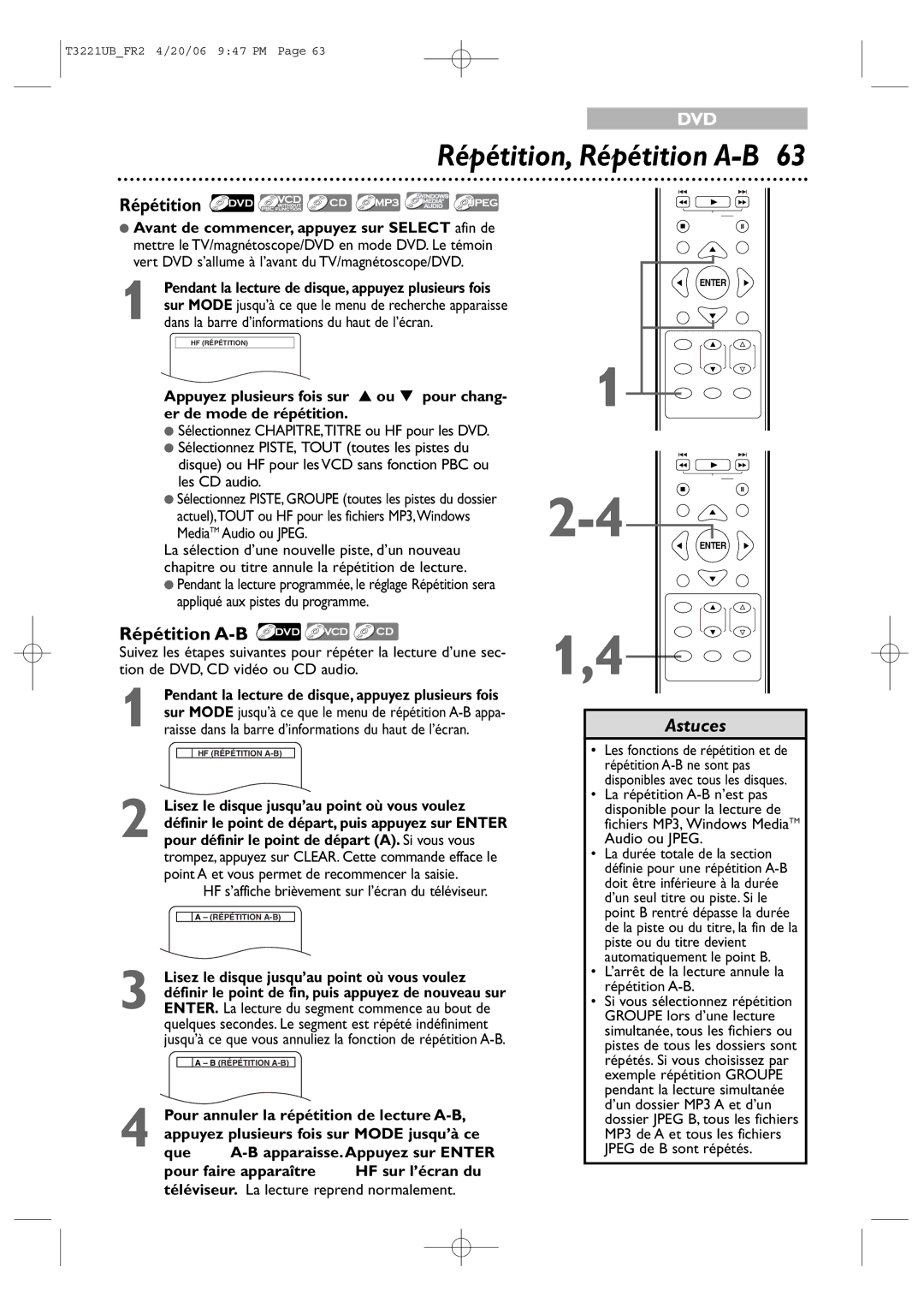 Philips 27PC4326/37 quick start Répétition, Répétition A-B, Pour annuler la répétition de lecture A-B 