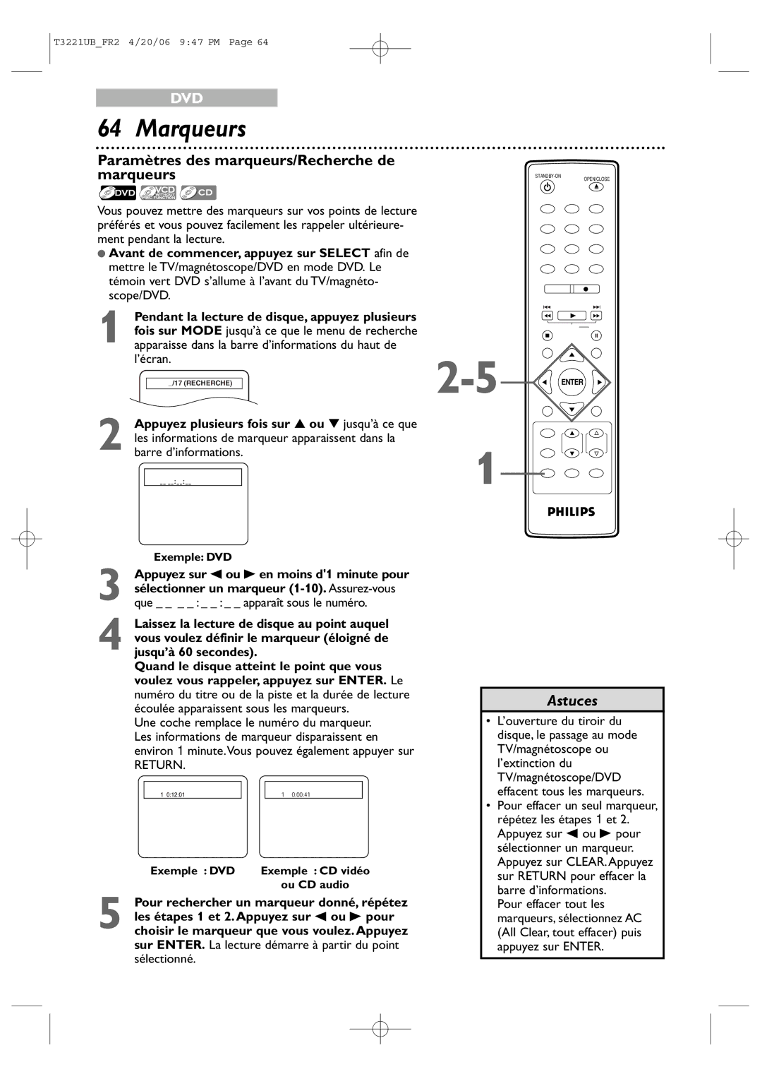 Philips 27PC4326/37 Marqueurs, Paramètres des marqueurs/Recherche de marqueurs, Exemple DVD Exemple CD vidéo ou CD audio 