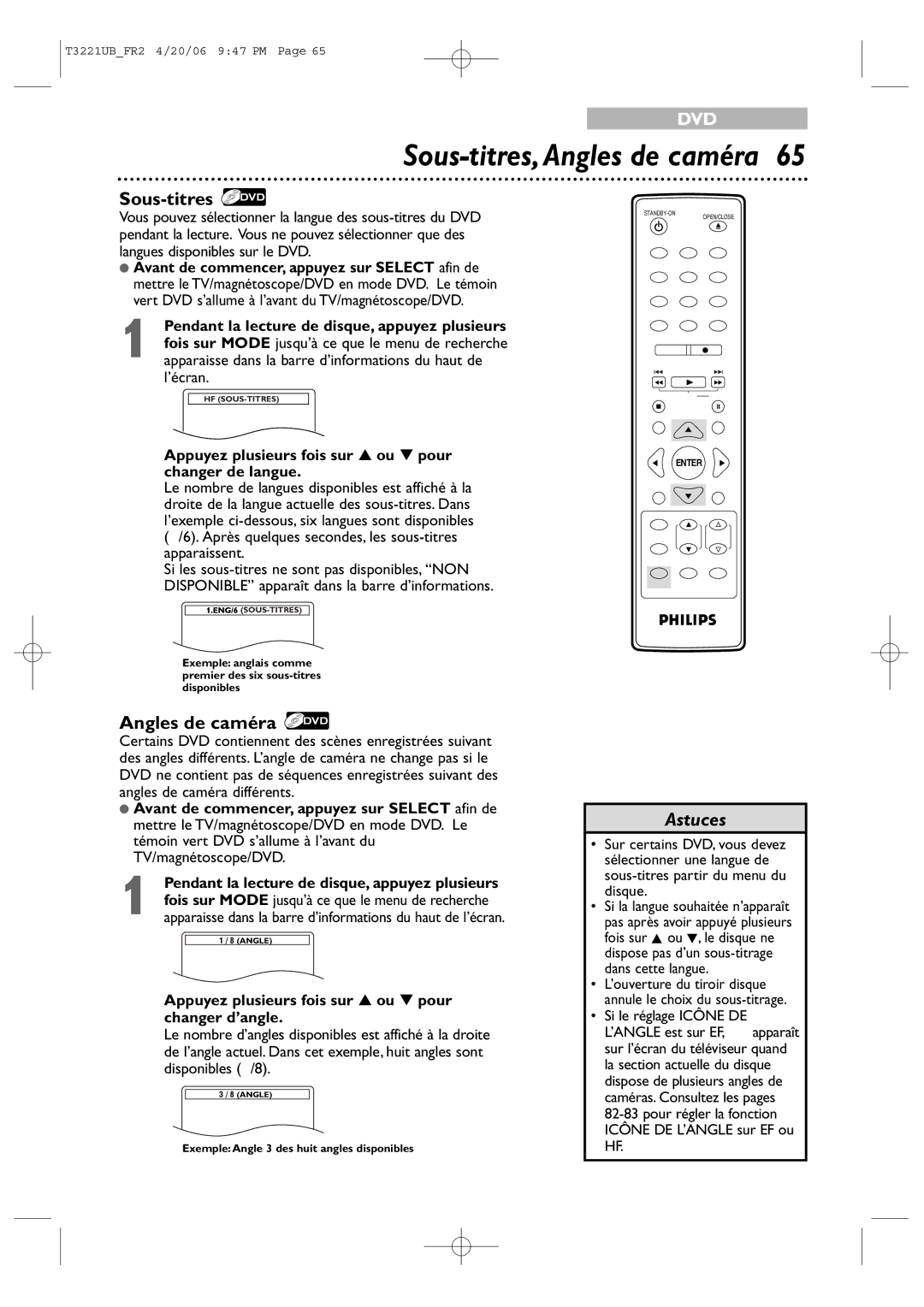 Philips 27PC4326/37 quick start Sous-titres,Angles de caméra, Appuyez plusieurs fois sur ou pour changer de langue 