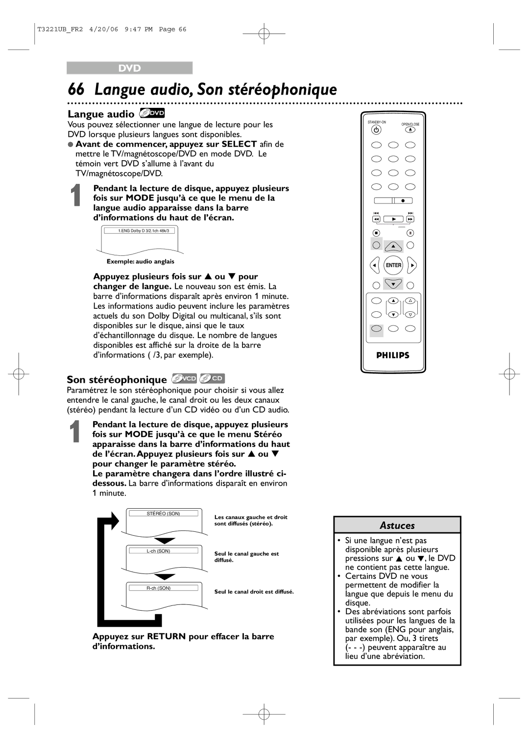 Philips 27PC4326/37 quick start Langue audio, Son stéréophonique, Appuyez sur Return pour effacer la barre d’informations 