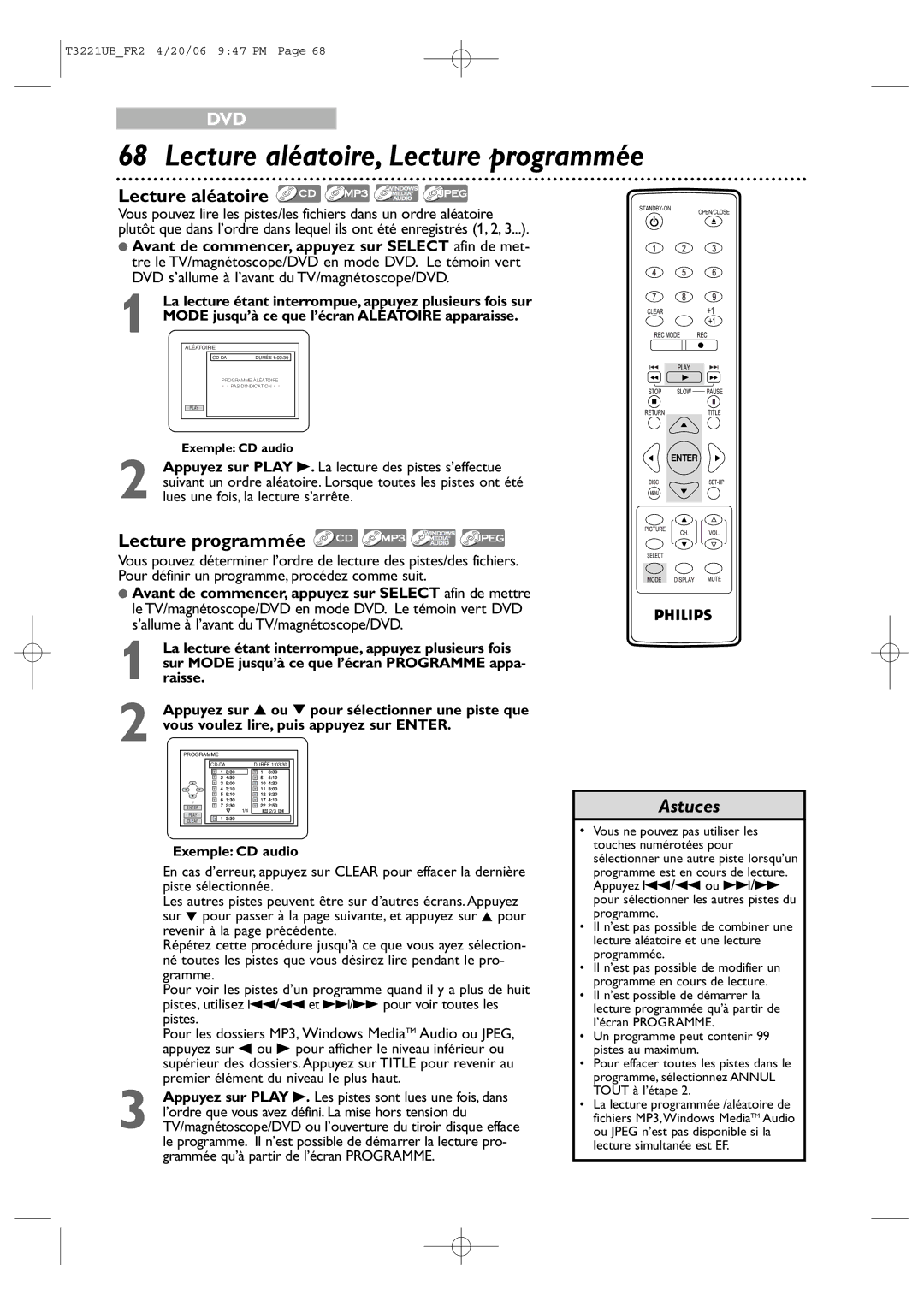 Philips 27PC4326/37 quick start Lecture aléatoire, Lecture programmée 